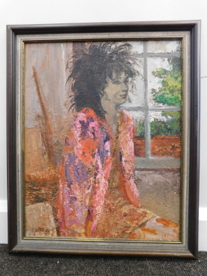 Cuthbert (20thC). Portrait of a lady, quarter profile, in a flowing robe before window, oil on board, signed, 50cm x 40cm. - 2