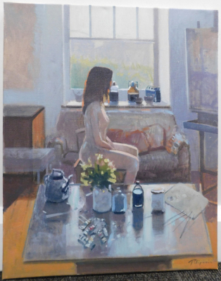 20thC School. Nude figure in a living room before window, oil on canvas, indistinctly signed, 51cm x 40cm. - 2