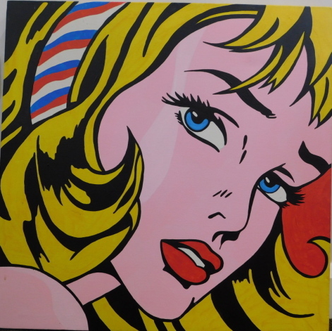 Manner of Lichtenstein. Pop Art lady, head profile, acrylic on canvas, unsigned, 61cm x 61cm.