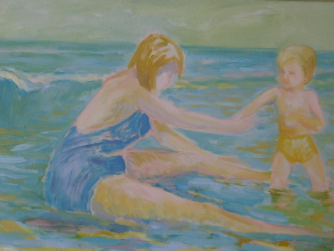 Smetten (20thC School). Lady and child on the beach, oil on canvas, signed, 62cm x 90cm.