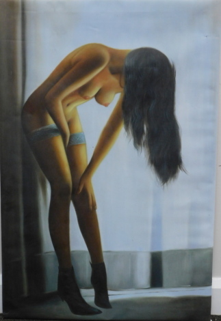 20thC School. Semi-clad female in stockings, oil on canvas, unsigned, 93cm x 68cm.