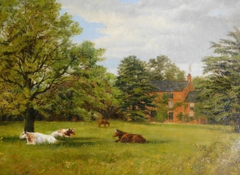 Walter Wallor Caffyn (1845-1898). Cattle and trees before house on a summer day, oil on canvas, signed, Curious Collections, Enfield, Middlesex card and chalk marks verso, 32cm x 49cm.