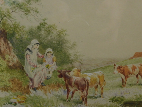 Manner of Birket Foster. Figure and child feeding calves before tree and house, watercolour, initialled, 18cm x 24cm and another, Children Feeding Lambs - pair. (2)