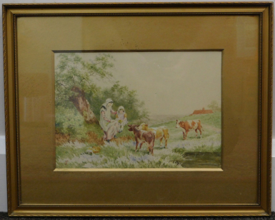 Manner of Birket Foster. Figure and child feeding calves before tree and house, watercolour, initialled, 18cm x 24cm and another, Children Feeding Lambs - pair. (2) - 2