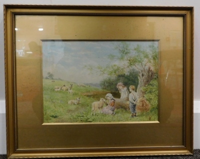 Manner of Birket Foster. Figure and child feeding calves before tree and house, watercolour, initialled, 18cm x 24cm and another, Children Feeding Lambs - pair. (2) - 5