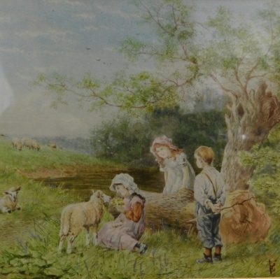 Manner of Birket Foster. Figure and child feeding calves before tree and house, watercolour, initialled, 18cm x 24cm and another, Children Feeding Lambs - pair. (2) - 6