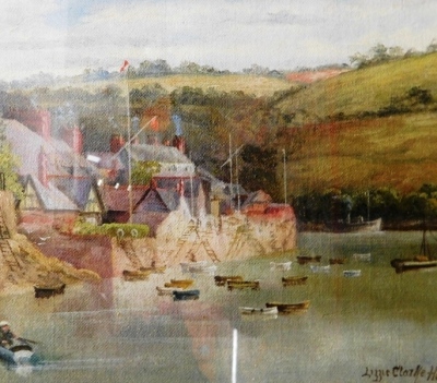 Lizzie Clarke-Hills (20thC). Figure in rowing boat before houses and hills, oil on paper, signed, 18cm x 27cm.