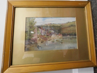 Lizzie Clarke-Hills (20thC). Figure in rowing boat before houses and hills, oil on paper, signed, 18cm x 27cm. - 2