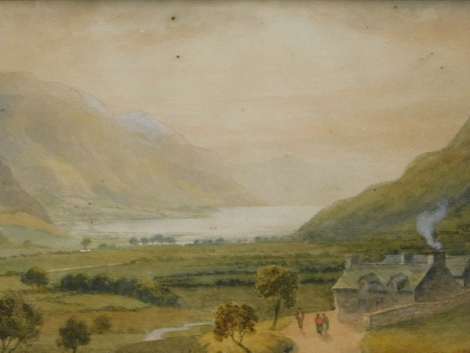 R.H. Bailey (20thC). Lakeland scene, figure on a path before cottage with water and hills in the distance, watercolour, signed and dated 1920, 17cm x 26cm.