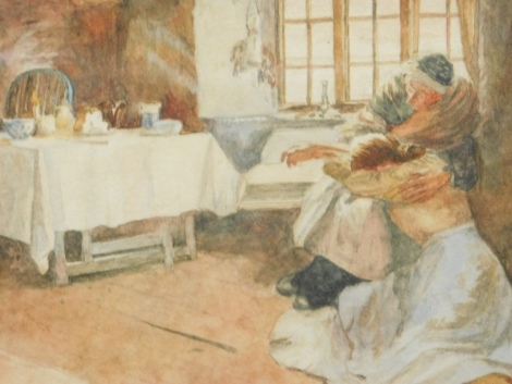 D.G. Johnson (20thC). Interior scene, lady crying in the apron of an elderly lady before table, watercolour, signed and dated 1922, 18cm x 26cm.