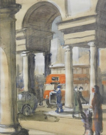 20thC School. Street scene, buses and figures in an arch, watercolour, monogrammed, 31cm x 21cm.