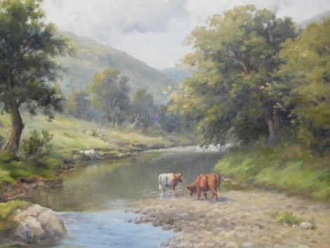 Charles J. McAuley (1910-1999). Cattle by a stream with hills and stream in the distance, oil on canvas, signed, 45cm x 55cm.