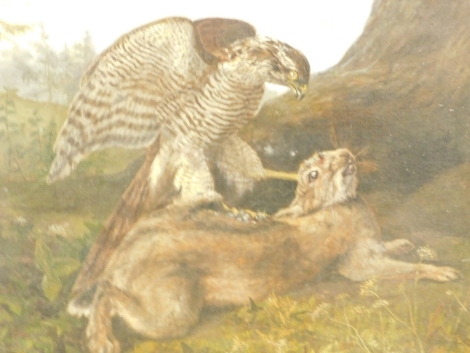 Manner of William Cruickshank. Bird of prey devouring hare, oil on board, unsigned, 42cm x 50cm.