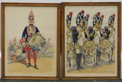 Edmond Lajoux (1890-1960). Soldier with drum, watercolour, signed, 30cm x 22cm and another Drummers - pair (2)