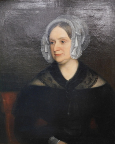 19thC English School. Portrait of a lady, quarter profile in Victorian mourning dress, seated in a chair, oil on canvas, unsigned, 76cm x 61cm.