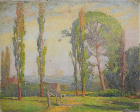 Henry Stanley (1903-1999). Field with Lincoln City in the distance, oil on board, unsigned, 41cm x 51cm.