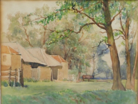 Henry Stanley (1903-1999). Landscape, cow before buildings with tree in the foreground, watercolour, unsigned, 25cm x 31cm, figure dancing, various other watercolours, oils, canvasses, a copper plaque, portrait of a lady, portraits, etc. (a quantity)