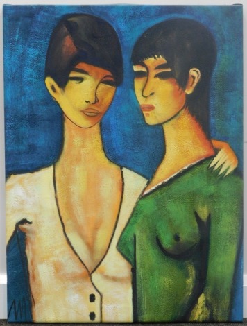 20thC School. Figures of ladies, profile, oil on canvas, unsigned, 81cm x 60cm.