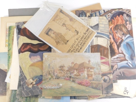 W. Gibson (20thC). Seascape, watercolour, signed, various etchings, engravings, watercolours, pictures, collage, Dora Easterbrook Leman, watercolour, various others, How Goes it Bill? interior scene, figures, Acme Ringers, print, other pictures, etc. (a p