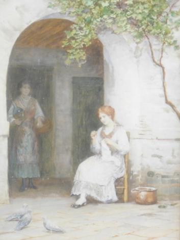 Trevor Haddon (1864-1941). Lady seated sewing in a courtyard with pigeons in the foreground, watercolour, signed, 47cm x 32cm.