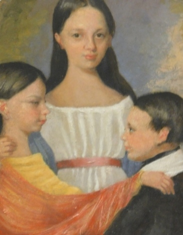 19thC English School. The Children of The Smithfield, family portrait, c.1846, oil on panel, unsigned, handwritten label, Ackermann Millboard label and numbered 166 verso, 26cm x 21cm.