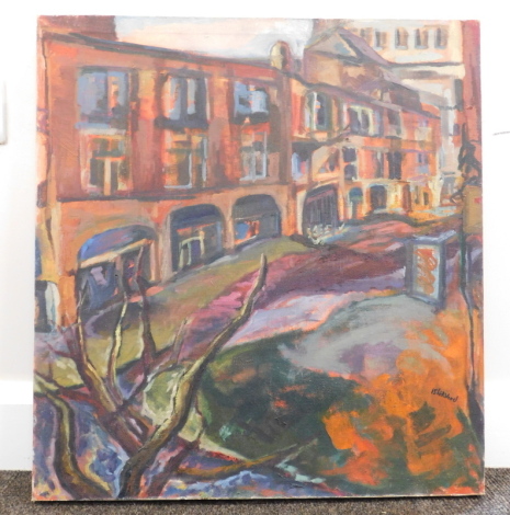 Manner of James Isherwood. Street scene, tree before road and houses, bearing signature, oil on canvas, address of the artist verso, 58cm x 55cm.