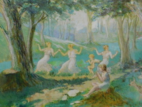 20thC School. Nymphs in a forest, gouache, unsigned, 32cm x 55cm.