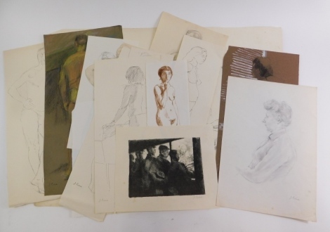 Julian Roebuck (1915-1991). Nude study, pencil, signed, 39cm x 15cm, and various other drawings. (folder from the studio)