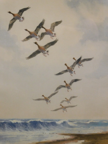 John Cyril Harrison (1898-1985). Pink footed geese on a shore, watercolour, signed, Vickers Brothers, Old Bond Street, London label and other handwritten card labels verso, 47cm x 33cm.