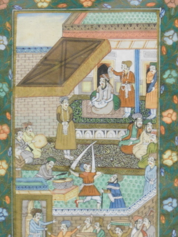 19thC Indian School. Many figures in a courtyard setting, gouache on paper, unsigned, 28cm x 18cm.