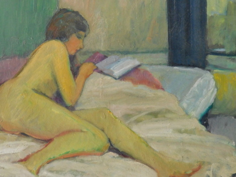 F. Bagust (20thC). Reclining nude female reading, oil on board, signed, 45cm x 55cm.