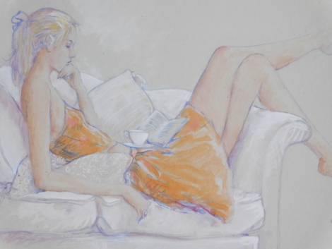 Alan Parry (20thC). Reclining lady reading on a settee, mixed media, signed, pen attribution verso, 34cm x 53cm.