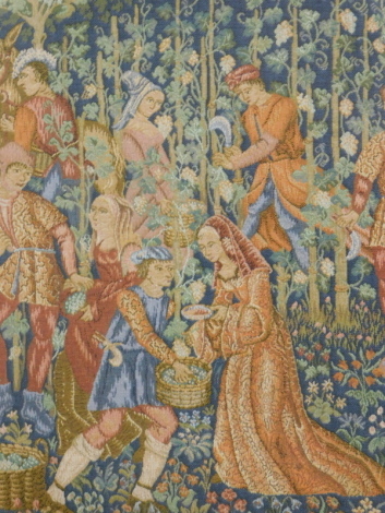 20thC Continental School. Figures in a forest, tapestry, unsigned, 48cm x 44cm.