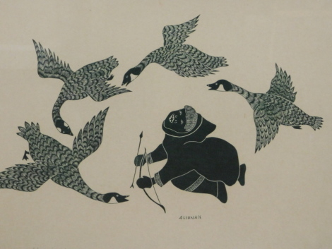 Peter Aliknak (b.1928). Eskimo Arctic 1912 Goose Hunting, artist signed lino cut limited edition no. 41/50, titled and numbered in pencil, watermarked, 44cm x 60cm.