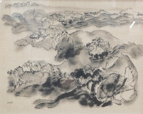 Wyeo (20thC). Eastern mountainous landscape, print on linen, signed, 59cm x 77cm.