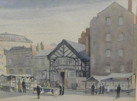 Walter Potts (1883-1965). Shudehill Market, Manchester, watercolour, signed, card attribution and newspaper clipping verso, 24cm x 30cm.