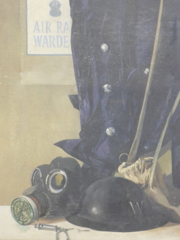 Walter Potts (1883-1965). Air Raid Warden Outfit, Gas Mask, Whistle and Hat, still life, oil on canvas, signed, 77cm x 54cm.