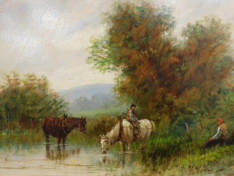 19thC School. Figure on horseback in stream with figure on the riverbank, oil on board, unsigned, 35cm x 45cm.