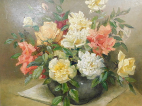 Dorothy M. Roberts (20thC). Still life, vase of flowers on a table, oil on board, signed, 39cm x 45cm.