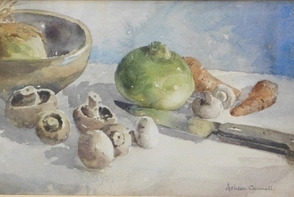 Ashton Cannell (1927-1994). Still life knife and vegetables on a table, watercolour, signed, 17cm x 25cm.