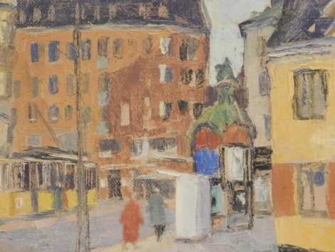 Herdis Gelardi (1916-1991). Figures on a street before buildings, oil on hessian backed canvas, signed, 44cm x 55cm.