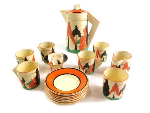 A 1930's Clarice Cliff Bizarre Orange Trees and House pattern coffee service, comprising coffee pot, 19cm high, six cups, saucers, sugar bowl and milk jug. (a quantity)