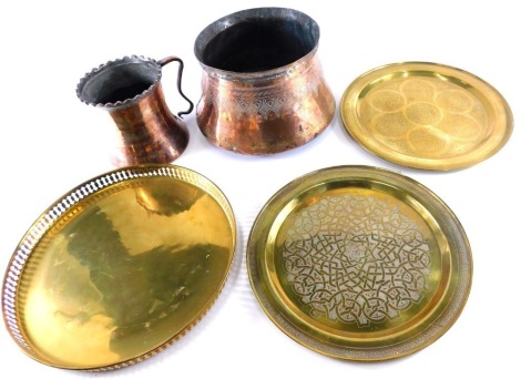 Various metalware, an Eastern copper vessel decorated with repeat scroll pattern, 26cm diameter, brass charger, etc. (3)