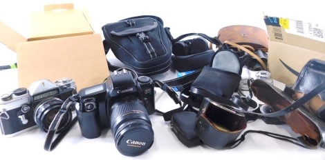 Various cameras and related items, Cobra, Petri, various others, binoculars, Coolpix 4100 box camera, etc. (a quantity)