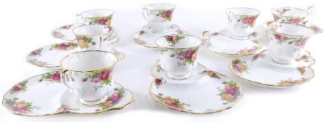 A Royal Albert Old Country Roses part tea service, to include cups and sandwich sets, each base 22cm wide, printed marks beneath. (a quantity)