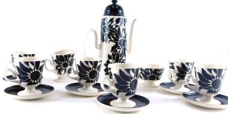 A Carltonware Oslo pattern coffee service, comprising coffee pot 34cm high, milk jug, sugar bowl, six cups and saucers, printed marks beneath.