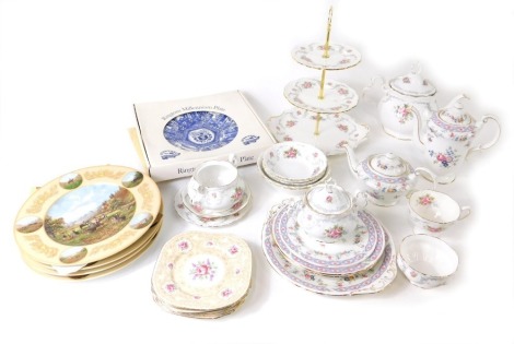 A Royal Albert Tranquility pattern part service, to include teapot, 21cm high, three tier cake stand, lidded sugar bowl, open sugar bowl, collectors plates, Paragon part service to include coffee pot, 20cm high, etc. (a quantity)