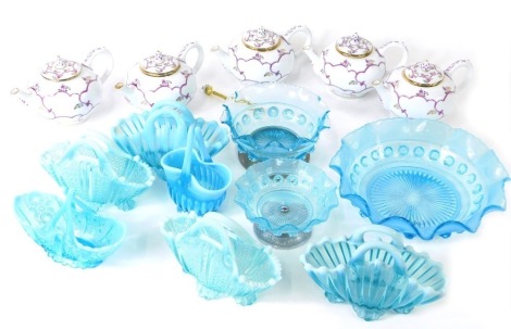 Various vaseline glass vases, a quantity of Victoria and Albert Museum Venice, fine porcelain teapots. (a quantity)