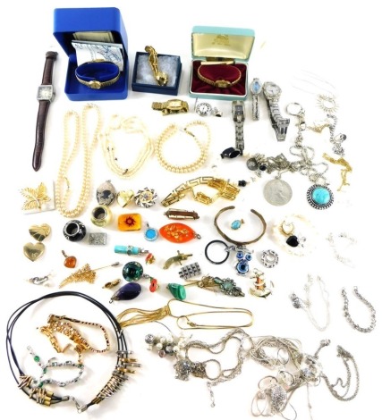 Various costume jewellery, to include Rotary and other wristwatches, faux pearls, necklaces, watch straps, bracelets, a silver plated locket etc.