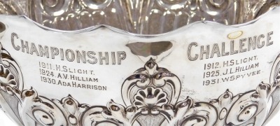 An Edward VII silver presentation bowl, The Sleaford Croquet Club Lincolnshire Championship Challenge bowl, of semi fluted form, embossed with foliate scrolls and shell motifs, engraved with an armorial and the winners from 1907-1932, Atkin Brothers, Shef - 4